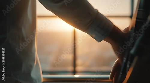 Close-up of two people holding hands in front of a window with sunset light.