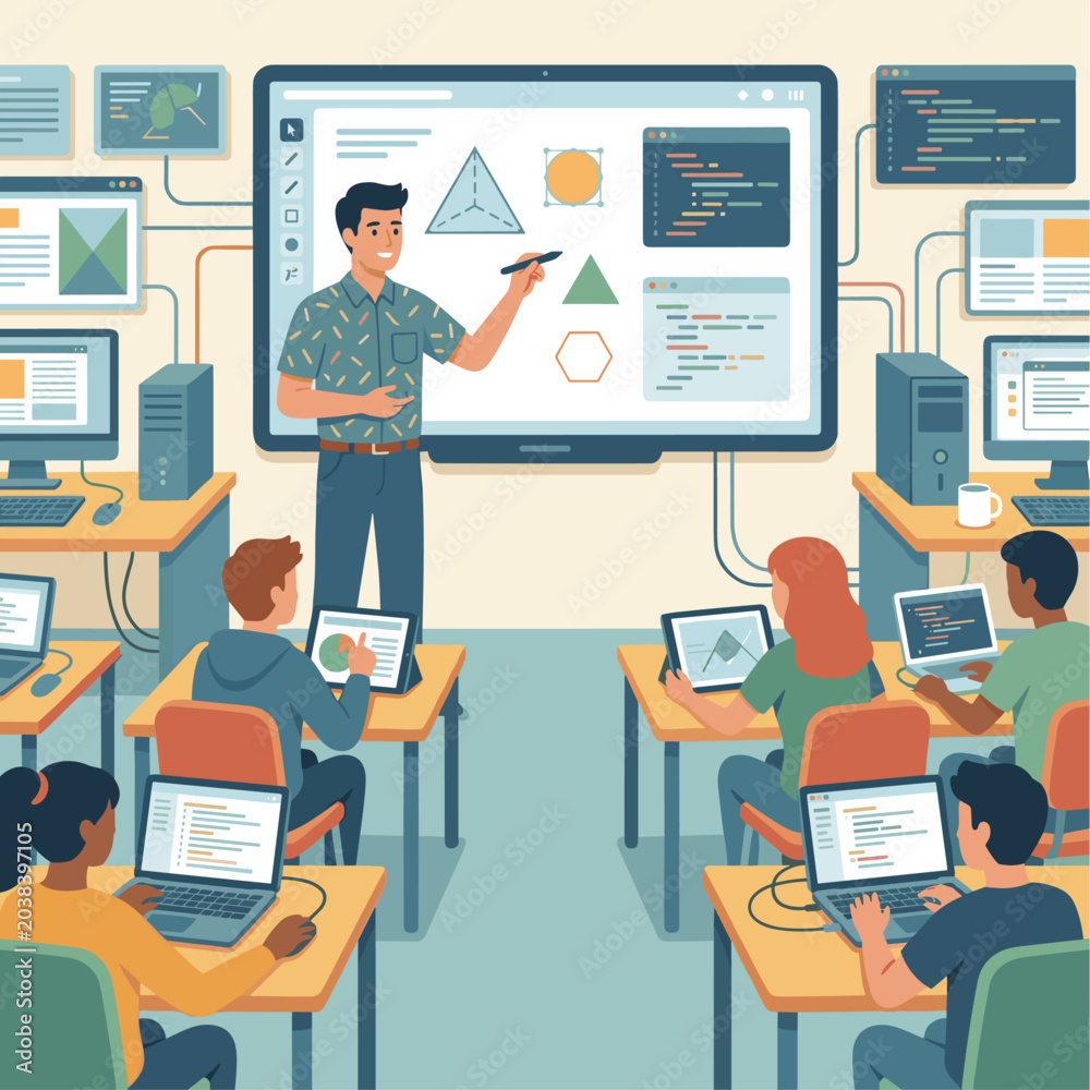 Fototapeta premium Teacher teaching coding to students using laptops and tablets