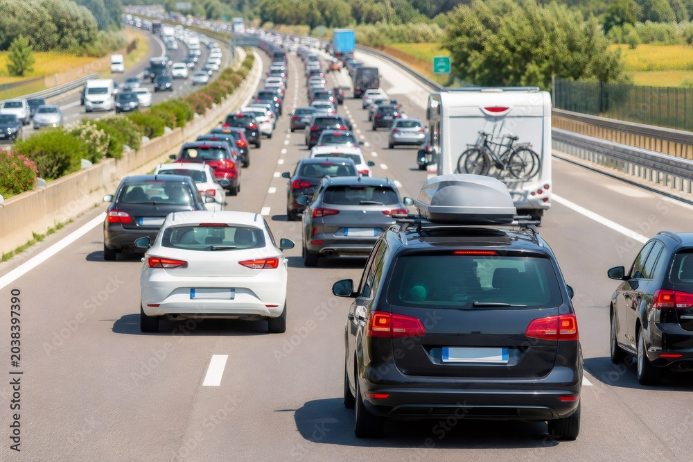 Fototapeta premium Commuting vehicles experiencing road congestion on highway
