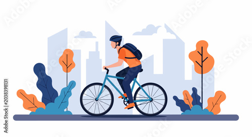Man riding bicycle with helmet and backpack.