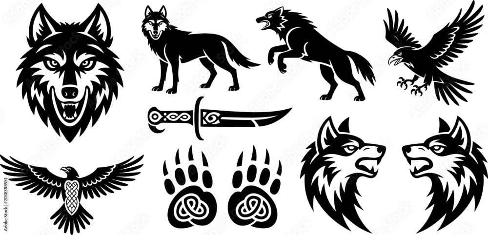 Obraz premium Collection of powerful wolf and eagle tribal symbols featuring celtic knots, dagger, and wildlife tracks vector set