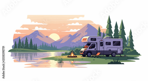 Recreational Vehicle Parked by a Lake at Sunset.