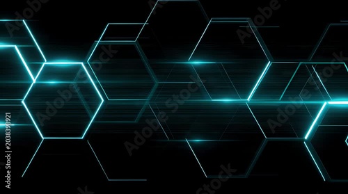 Abstract glowing blue hexagonal grid pattern on a dark background, representing technology and data.