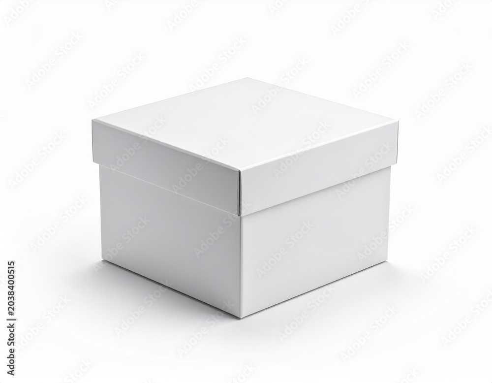 Naklejka premium A clean white square gift box with a lid sits on a plain white background with a subtle shadow