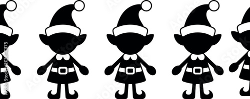 Black Christmas elf silhouette seamless pattern with Santa hat elements for festive holiday wallpaper wrapping paper and textile designs