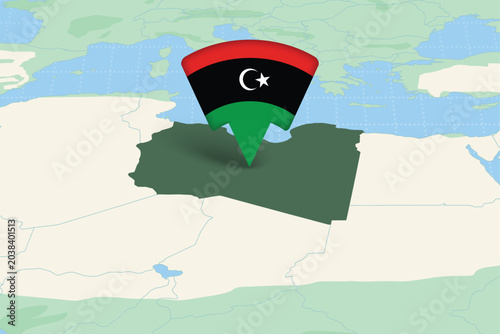Bild auf Leinwand Libya Location Pin on Africa Map Libyan Flag Navigation Marker Illustration