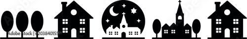 Black night village silhouette icons set with house church tree moon and star elements for cozy neighborhood community graphic design