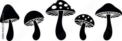 Schilderij op canvas Black mushroom silhouette icons set with wild fungus gills and toadstool cap ele
