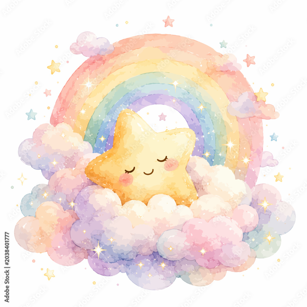Obraz premium Dreamy Celestial Star nestled in a Pastel Rainbow Cloudscape, a Whimsical and Gentle Illustration for Children's Themes and Gentle Art