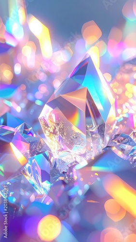 Iridescent crystals with bokeh lighting effects.