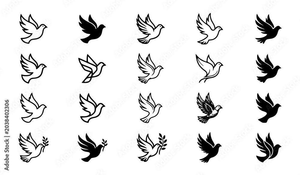 Obraz premium Flying Dove Silhouette Collection Featuring Peace Bird Icons, Winged Animal Shapes and Decorative Black and White Vector Illustration Elements