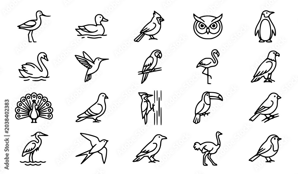 Fototapeta premium Bird Outline Icon Collection with Owl, Swan and Flamingo Vector Illustrations