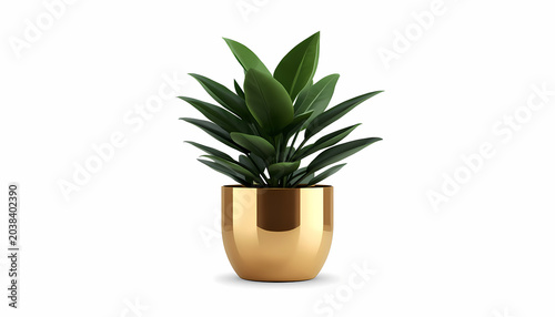 Elegant emerald palm indoor plant in a luxurious golden ceramic flowerpot 3D illustration