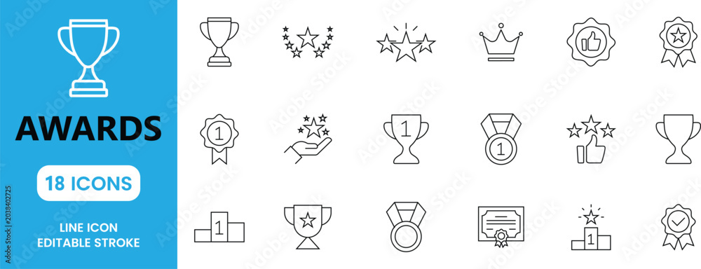 Fototapeta premium Premium Awards Icon Set – Trophy, Medal, Winner Prize, Champion Badge, Certificate & Success Line Icons Vector Illustration