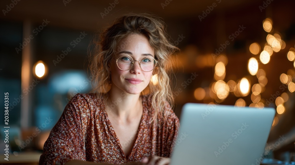 Fototapeta premium A young woman with curly hair and glasses focused on her laptop, surrounded by warm lights, creating a cozy and inviting work environment that inspires creativity and productivity.