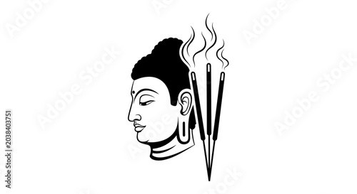 Photography Buddha head profile with incense sticks, meditation and spirituality