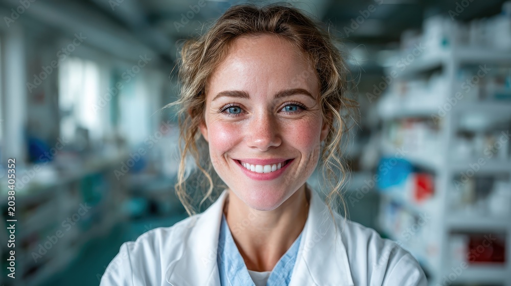 Fototapeta premium An approachable pharmacist in a white coat smiles warmly, exuding confidence and professionalism in a well-organized pharmacy space filled with various medications.