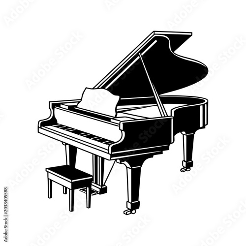 An isolated vector illustration of a classic black grand piano with white keys and musical notes, perfectly capturing the melody of a classical jazz concert