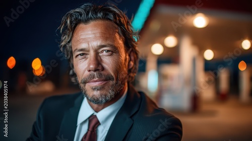 A charismatic man in a suit stands confidently in an urban setting at night, portraying sophistication, professionalism, and alluring charm under soft lighting.