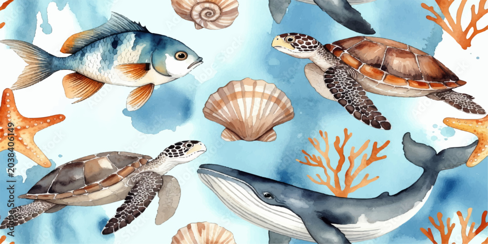 Fototapeta premium Set of tropical sea fish and marine animals vector illustration collection
