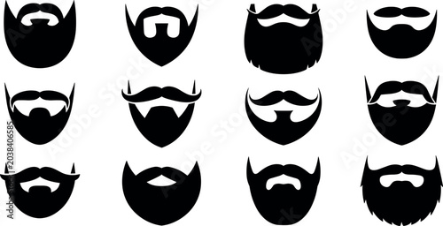 Vector set of various black beard and mustache silhouette icons for barbershop logos and hipster men grooming identity designs