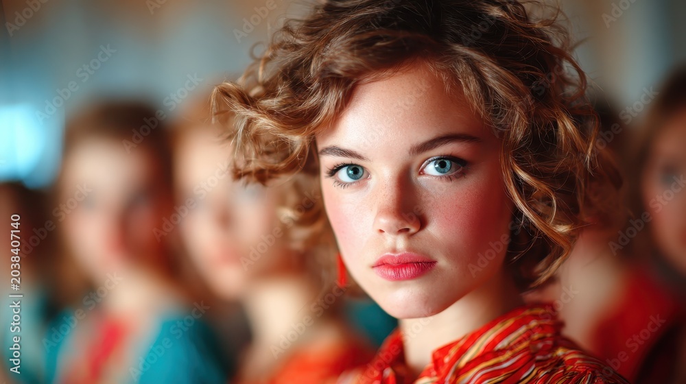 Obraz premium A striking portrait of a young woman with curly hair and bright makeup set against a soft background, radiating confidence and charm in a vibrant atmosphere.