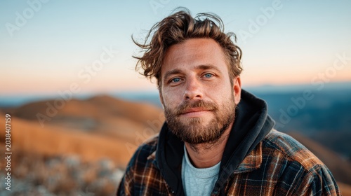 A thoughtful man with a beard gazes at the breathtaking mountain view at sunset, reflecting on life as golden light bathes the landscape in warmth and serenity