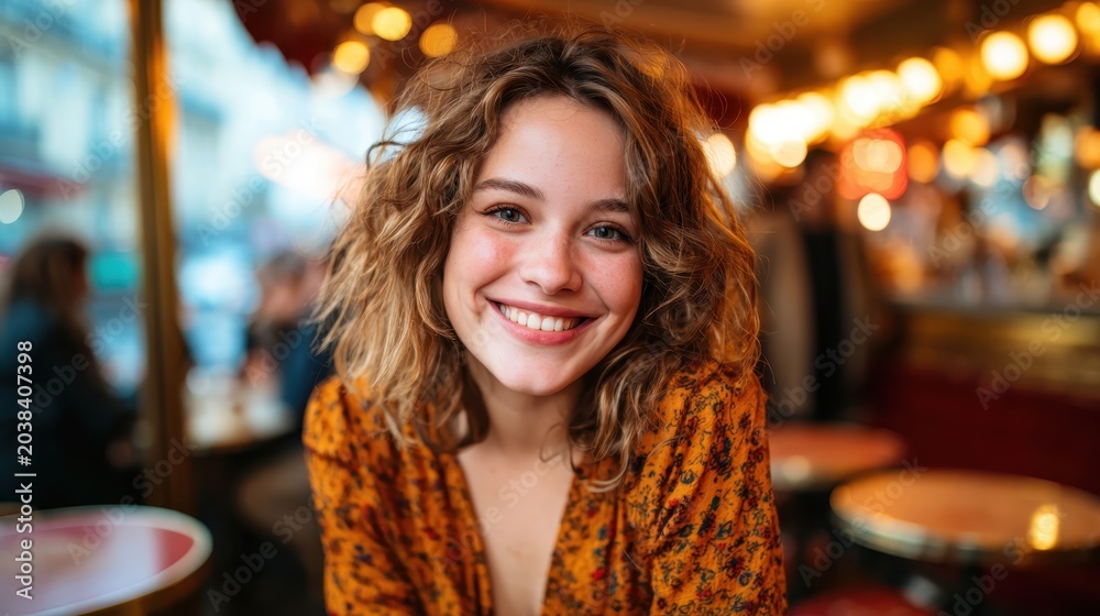 Obraz premium A joyful woman with curly hair smiles brightly in a charming café, showcasing the warmth and happiness of social interactions in an inviting atmosphere.