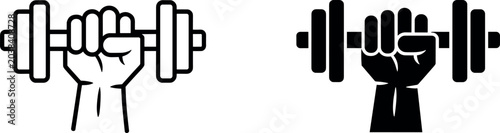 Φωτογραφία Vector illustration of a powerful hand holding a heavy dumbbell icon set in outl