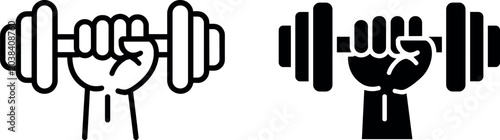 Φωτογραφία Vector illustration of a powerful hand holding a heavy dumbbell icon set in outl