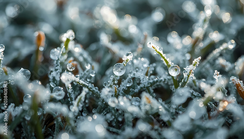 Macro photography of frozen dew drops on grass blades in winter