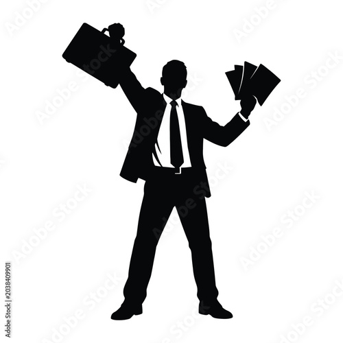 Successful businessman holding briefcase and papers in triumph during celebration isolated on white background
