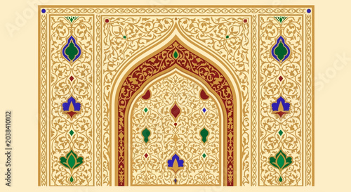 Intricate Islamic Archway Pattern with Floral Motifs and Geometric Designs