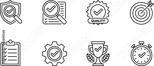 Vector quality control line icon set featuring check marks with magnifying glass shield target trophy and clipboard checklist symbols