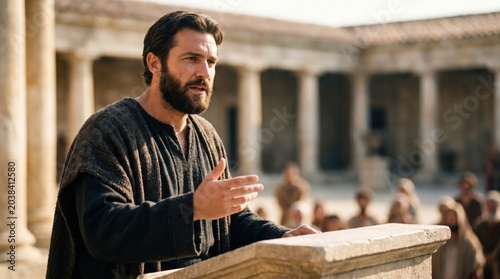 Man with Beard and Robe Speaking at a Stone Podium in an Ancient Courtyard Setting