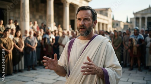 Man as town clerk of Ephesus speaking to crowd in ancient city forum. Biblical scene from Acts 19 as man calms angry mob. Historical drama representing ancient Greek society.