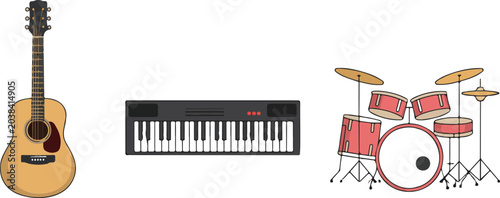 Photos Musical instruments vector set with acoustic guitar digital piano synthesizer an