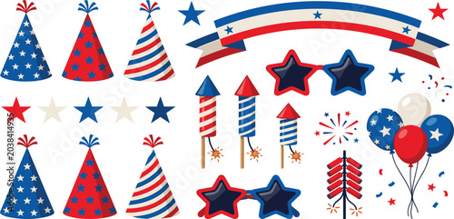 Patriotic US Independence Day Party Elements Set with 4th of July Hats, Rocket Fireworks, Balloons, Star Glasses, and Ribbon Banner Vector