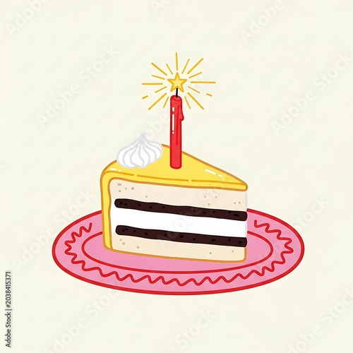 Delicious Birthday Cake Slice with Burning Candle and Swirl of Cream Ready for a Celebration