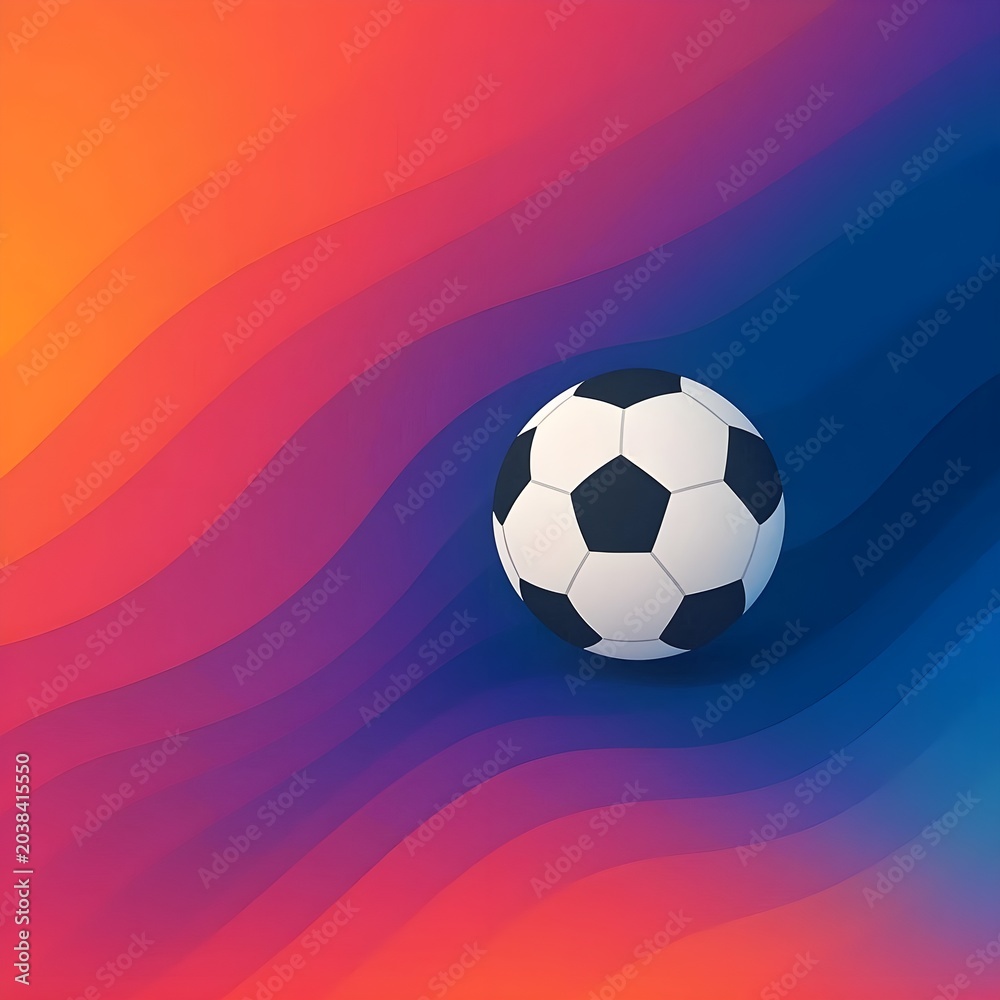 Naklejka premium Minimalist Classic Soccer Ball on Modern Abstract Wavy Gradient Background with Vibrant Orange Pink Purple and Blue Layers