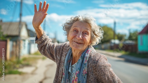 Elderly woman waves while walking on the street in a small town on a sunny day with clear blue skies