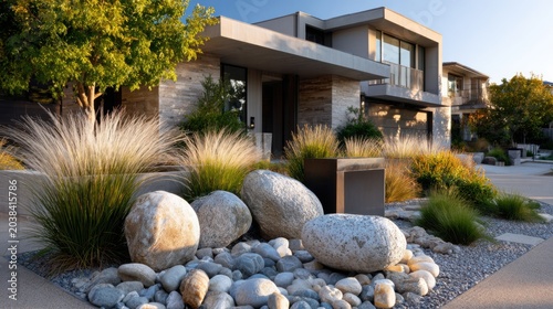 Modern house with stone garden landscape in bright daylight near city street