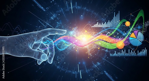 Digital Wireframe Hand Interacting with Dynamic Data Visualizations and Vibrant Information Streams