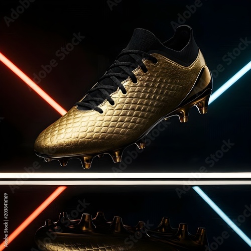 Premium Golden Soccer Cleat Boot Floating in the Air with Futuristic Neon Light Reflection and Abstract Crossing Lines Background