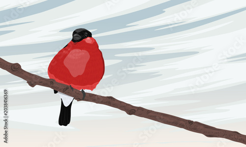 Eurasian bullfinch bird vector banner. Cute pyrrhula pyrrhula character sitting on tree branch, winter snow background template with copyspace for christmas or new year greeting card layout