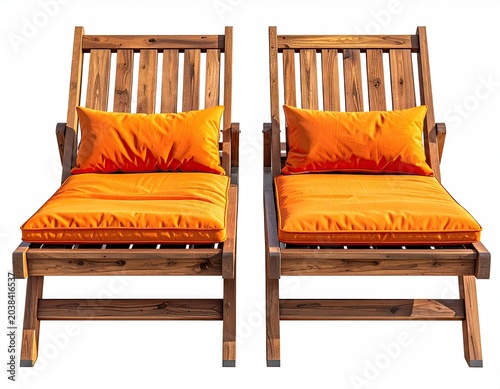 Two wooden outdoor chairs with bright orange cushions