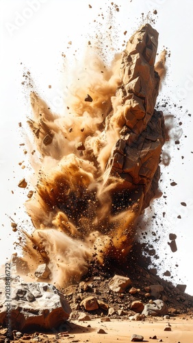 Boulder shattering, dust explosion, white backdrop