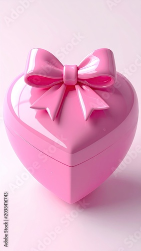 Heart-shaped, pink gift box with bow on light pink