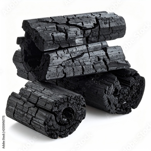 Pile of black charred wood pieces, texture visible