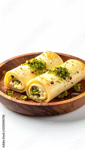 Rolled pastries on wooden plate, topped with nuts